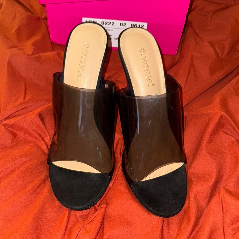 Shoe Dazzle Black and Tan Mules with Block Heel